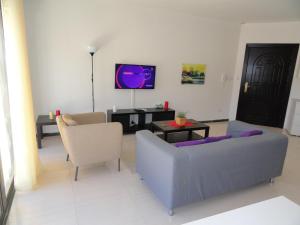 a living room with a couch and a tv on the wall at Diyarkom Apartment in Amman