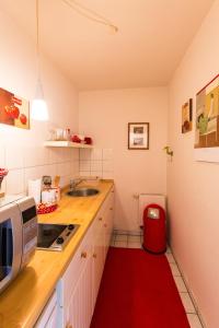 a small kitchen with a sink and a red rug at Ferienwohnung Mittendrin in Bergisch Gladbach