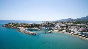 an aerial view of a beach with buildings and the water at Villa NOTOS in Makry Gialos