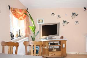 a computer monitor on a desk with butterflies on the wall at " Haus zwischen den Meeren " in Strübbel