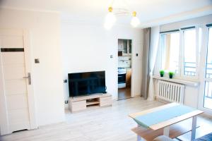 sala de estar con TV de pantalla plana y mesa en KTW Spodek Apartment en Katowice