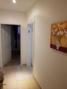 einen Flur mit einer Tür und einem Gemälde an der Wand in der Unterkunft Zimmervermietung Heggemann in Lingen