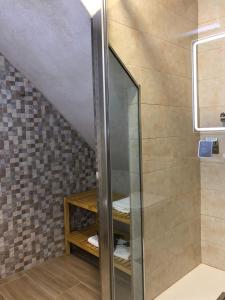 a shower with a glass door in a bathroom at Casita del Abuelo Mayorga in Plasencia