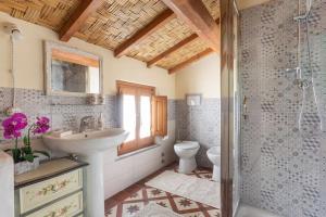 y baño con lavabo, aseo y ducha. en Antica dimora dell'Arcolaio, en Nurachi