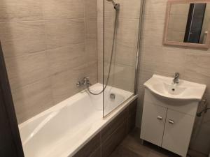uma casa de banho com uma banheira, um lavatório e um chuveiro em Exclusive Home em Pécs