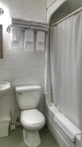 Un baño blanco con inodoro y ducha. en 1-Bedroom Cozy #18 by Amazing Property Rentals, en Gatineau 8 fotos más