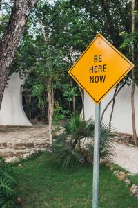 
a yellow street sign sitting on the side of a road at Hotel Holistika Tulum in Tulum
