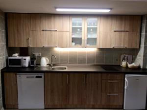 a kitchen with wooden cabinets and a sink and a microwave at Althanský palác in Znojmo