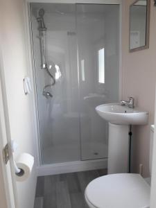 een badkamer met een douche, een toilet en een wastafel bij Chalet Dalile IJmuiden aan Zee vlakbij het strand in IJmuiden