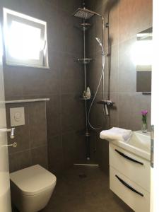 a bathroom with a shower and a toilet and a sink at Villa Olyntha in Stomorska +11 photos