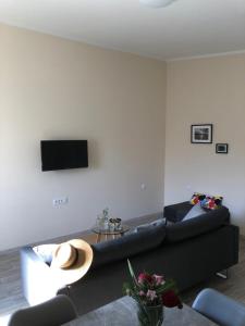 a living room with a couch and a tv at Villa Olyntha in Stomorska