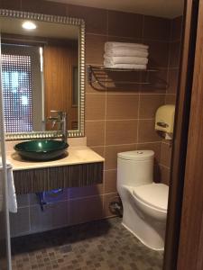 a bathroom with a toilet and a sink and a mirror at Harmony Ocean Hotel in Kenting