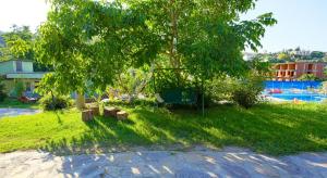 a park with a tree and benches in the grass at Rose Hotel B&B in Patara
