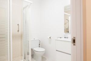 a white bathroom with a toilet and a shower at BALCON ENCIERRO! - El Mirador de la Cuesta de Santo Domingo in Pamplona +25 photos