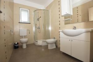 a bathroom with a sink and a toilet and a shower at Apartmani Vrtlici Zdenka in Stara Novalja