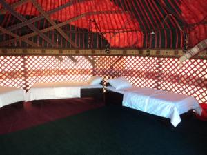 a room with two beds and a red wall at MUINAK Campsite in Mŭynoq
