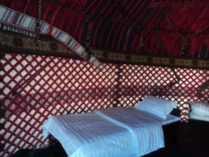 a room with a bed in a red yurt at MUINAK Campsite in Mŭynoq
