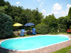 a swimming pool with two chairs and two umbrellas at Chaloupka v Podyjí - Podmolí in Podmolí