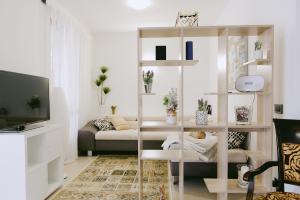 a living room with a book shelf and a couch at Villa Magnolia in Torri del Benaco