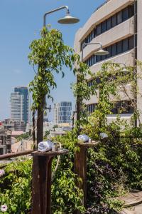 
a city street with tall buildings and trees at Brown TLV Urban Hotel a member of Brown Hotels in Tel Aviv
