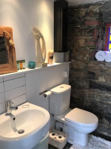 uma casa de banho com um WC branco e um lavatório. em The Barn at Pink Cottage em Crossgar