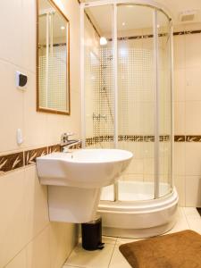 a bathroom with a sink and a shower at Apartamenty Osiedle Belweder in Wisła