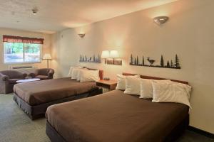 Pokój hotelowy z 2 łóżkami i krzesłem w obiekcie The Legend Cottage Inn w mieście Bellaire
