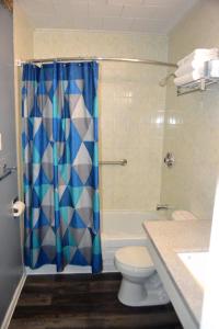a bathroom with a blue shower curtain and a toilet at Stratford Suburban Motel in Stratford