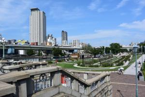 Blick auf eine Stadt mit einer Brücke und einem Park in der Unterkunft Hotel Taisei Nakanoshima in Osaka