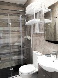 a bathroom with a shower and a toilet and a sink at O Cantinho do Colégio - Dourocollege in Lamego