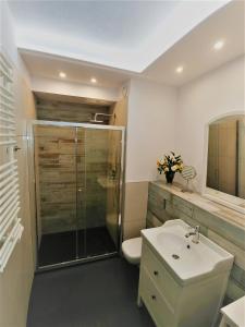 a bathroom with a shower and a toilet and a sink at Apartamenty Retmana in Kraków