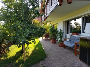 eine Terrasse mit einem Orangenbaum und einem Haus in der Unterkunft Ferienwohnung am Rain in Winden im Elztal