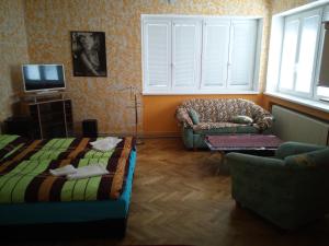 ein Schlafzimmer mit einem Bett, einem Sofa und einem Stuhl in der Unterkunft Penzion Paradise in Ostrava
