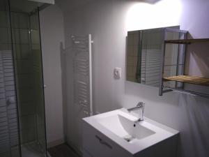 a bathroom with a sink and a mirror and a shower at Les Greniers De Blanche in Le Vivier-sur-Mer +7 photos
