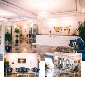 un collage de fotos de una sala de estar con muebles azules en Emerald Suite Hotel en Baku