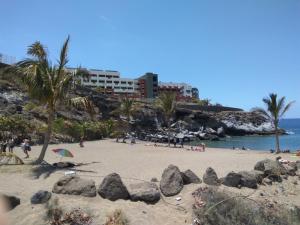 una playa con gente y palmeras y un edificio en Studio Playa Paraiso Tenerife - ocean view and internet wifi optical fiber - for rent en Playa Paraiso