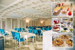 a dining room with tables and blue chairs and food at Emerald Suite Hotel in Baku