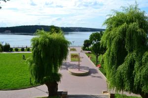 Una pasarela a través de un parque junto a un lago en ART ApartmenT, en Ternopilʼ