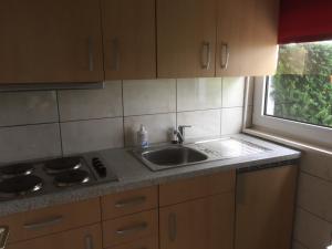 a kitchen with a sink and a window at Europa-Feriendorf Husen in Husen