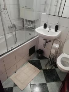 a bathroom with a sink and a shower and a toilet at Apartman Stonewood West in Zagreb