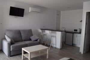 - un salon avec un canapé et une table dans l'établissement Alojamientos Alma, à Conil de la Frontera