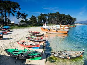 eine Gruppe von Booten am Strand in der Unterkunft Hotel Bradomin in Vilanova de Arousa