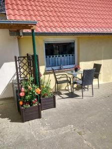 Ummanz的住宿－Ferienwohnung Reiter，庭院配有椅子和鲜花桌子