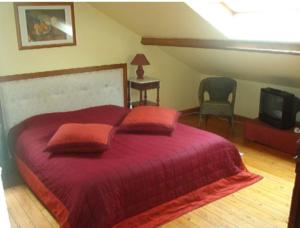 a bedroom with a bed with red sheets and a tv at Les Vieilles Pierres in Comblain-au-Pont