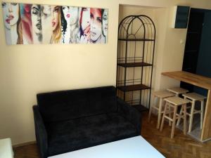 een woonkamer met een zwarte bank en een tafel bij Studio Estery in Krakau