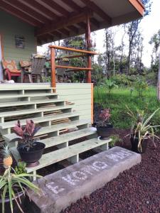 a set of stairs in front of a house with potted plants at Volcano Eco Cabin & Eco Lodge in Volcano