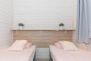 ポビエロボにあるDomki "Arkadia"の鉢植えの植物2本が備わる客室内のベッド2台