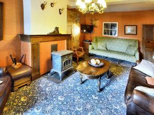 - un salon avec un canapé et une cheminée dans l'établissement Very authentic Ardennes house, à Paliseul