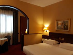 Habitación de hotel con cama y espejo en Hotel Motel Luna, en Segrate