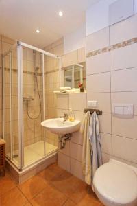 a bathroom with a shower and a sink and a toilet at Zempin Ostseepark WE 36 _Insel Use in Zempin